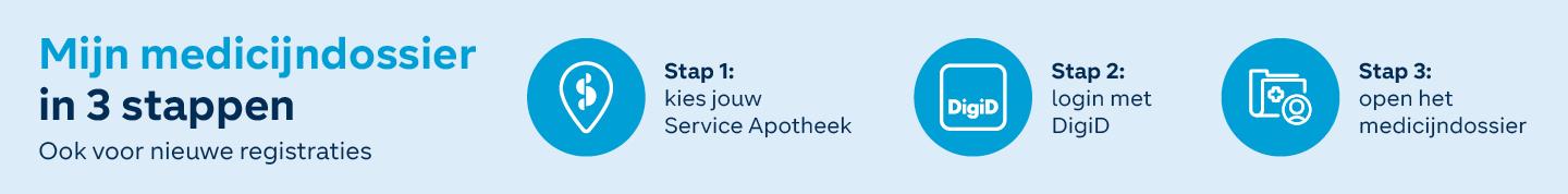 Mijn Medicijndossier in 3 stappen, ook voor nieuwe registraties. Stap 1: kies jouw Service Apotheek Stap 2: login met DigiD Stap. 3: open het medicijndossier 