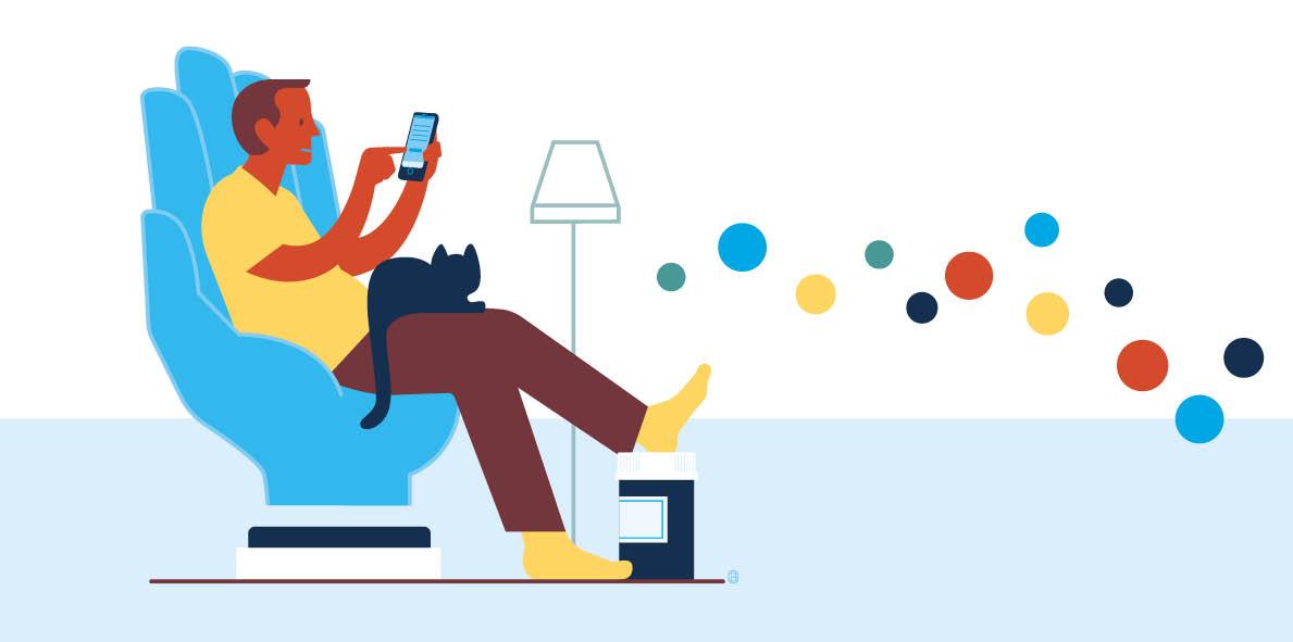 Persoon zit ontspannen in een blauwe stoel met een zwarte kat op schoot en een smartphone in de hand. Op de achtergrond staat een lamp en rechts is confetti zichtbaar.
