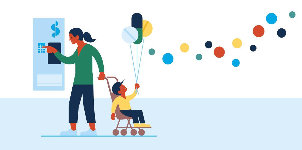 Moeder haalt medicijnen op uit afhaalautomaat terwijl die met één hand een kinderwagen vasthoudt; in de wagen zit een kind met kleurrijke ballonnen, omringd door confetti.