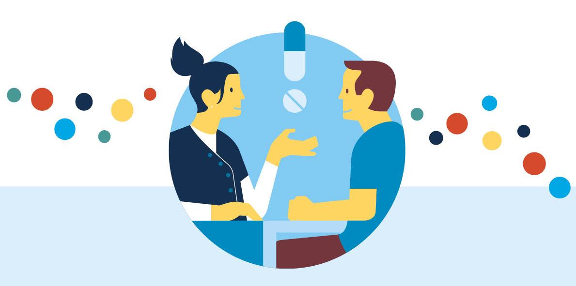 llustratie van twee personen die tegenover elkaar aan tafel zitten en in gesprek zijn. Boven hen zweven een capsule en een pil en aan de zijkanten is confetti zichtbaar.